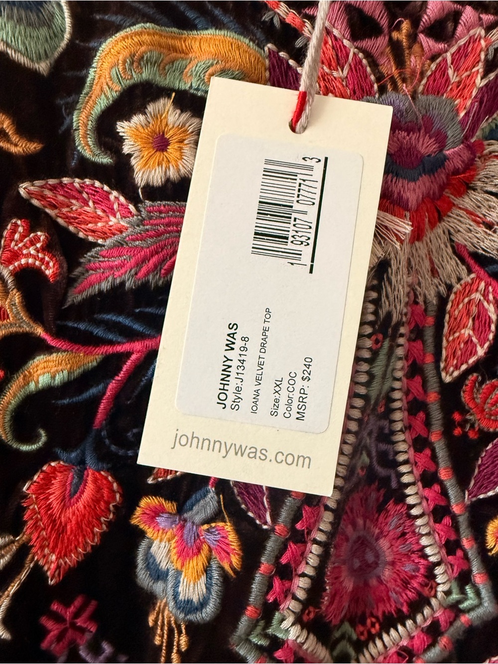 Johnny Was Ioana Velvet Drape Top NWT Size XXL Embroidered Colorful Boho Shirt - Picture 4 of 6